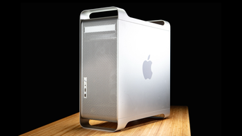an aluminium Power Mac G5 on a black background